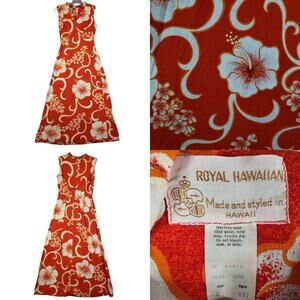 Royal Hawaiian Vintage Maxi Dress Orange Sleeveless Floral Women’s Size 6 Small